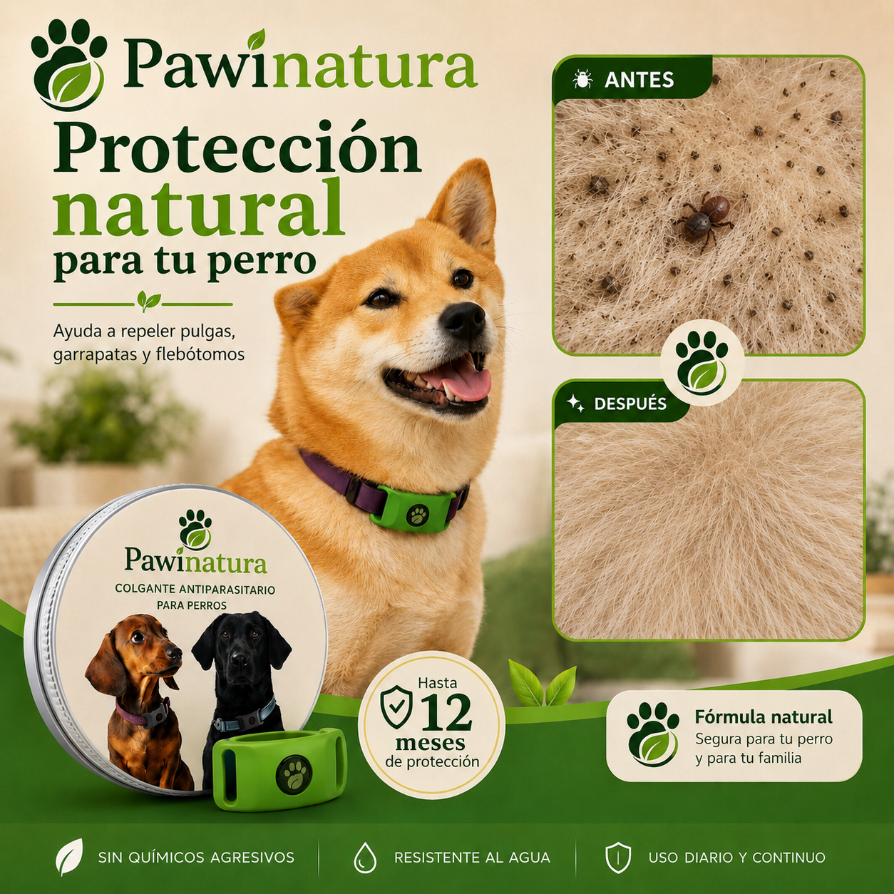 Ayuda a proteger a tu perro de pulgas, garrapatas y flebótomos | 12 meses de protección natural